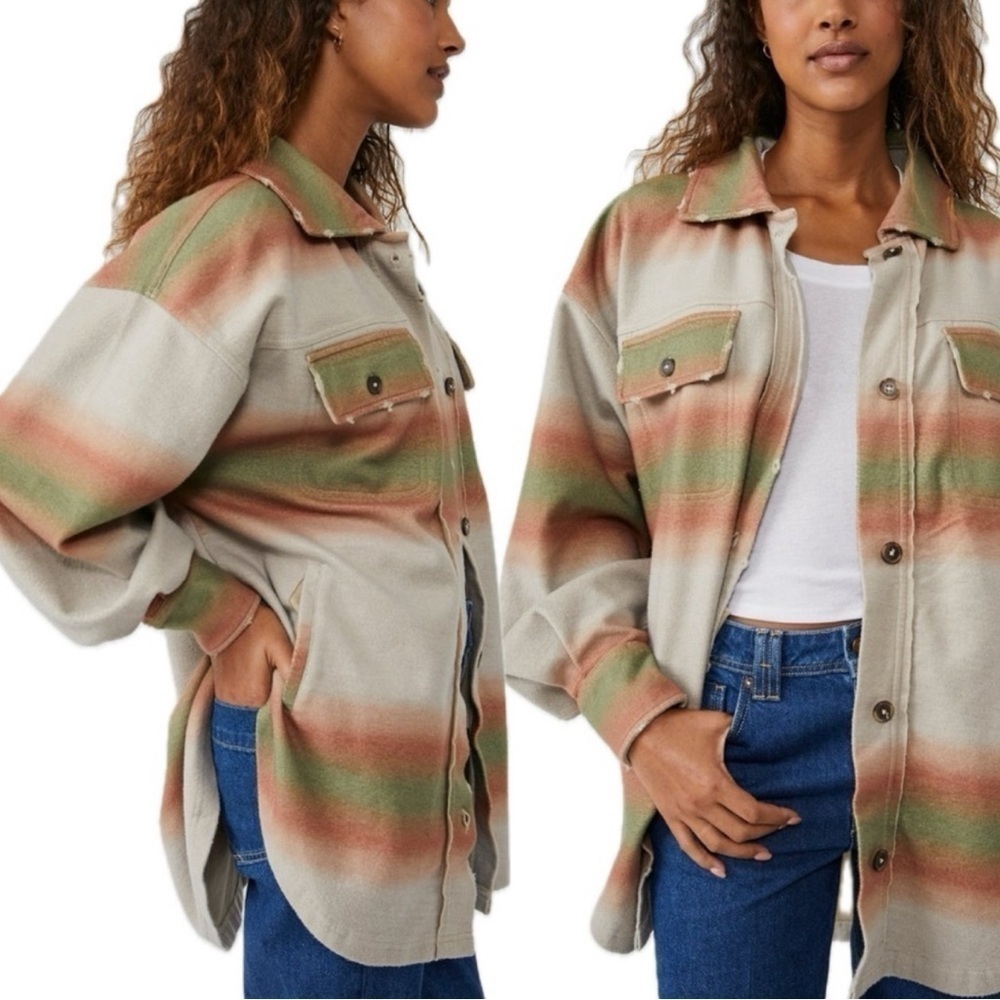 Free People Printed Ruby Shacket Long Sleeve Distressed Mazipan Combo XS - Picture 3 of 15